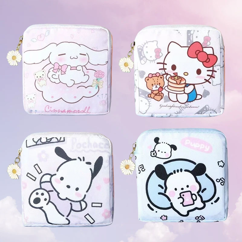 Kawaii Hello Kitty Sanitary Napkin Storage Bag Cartoon Pochacco Travel Portable Makeup Bags Coin Purse Lipstick Earphone Bags