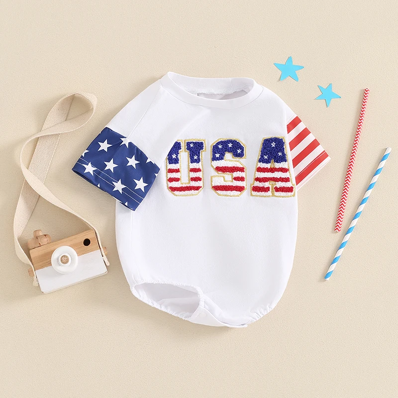 Infant Fourth of July  with Patriotic Letter Embroidery and Short Sleeves - Cute Baby Romper for Boys and Girls