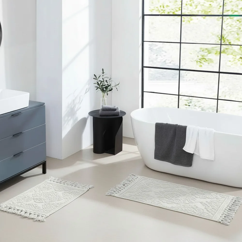 

Bohemian Bath Mats Set of 2, 100% Cotton Woven Fringe Rugs, Super Soft & Absorbent, Ivory Decor for Modern Bathrooms