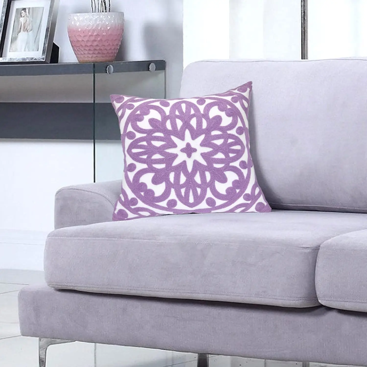 Thick Embroidery Pattern Durable Cotton Canvas Soft Cushion Case for Sofa Couch Bed Living Room (Lilac Lavender)