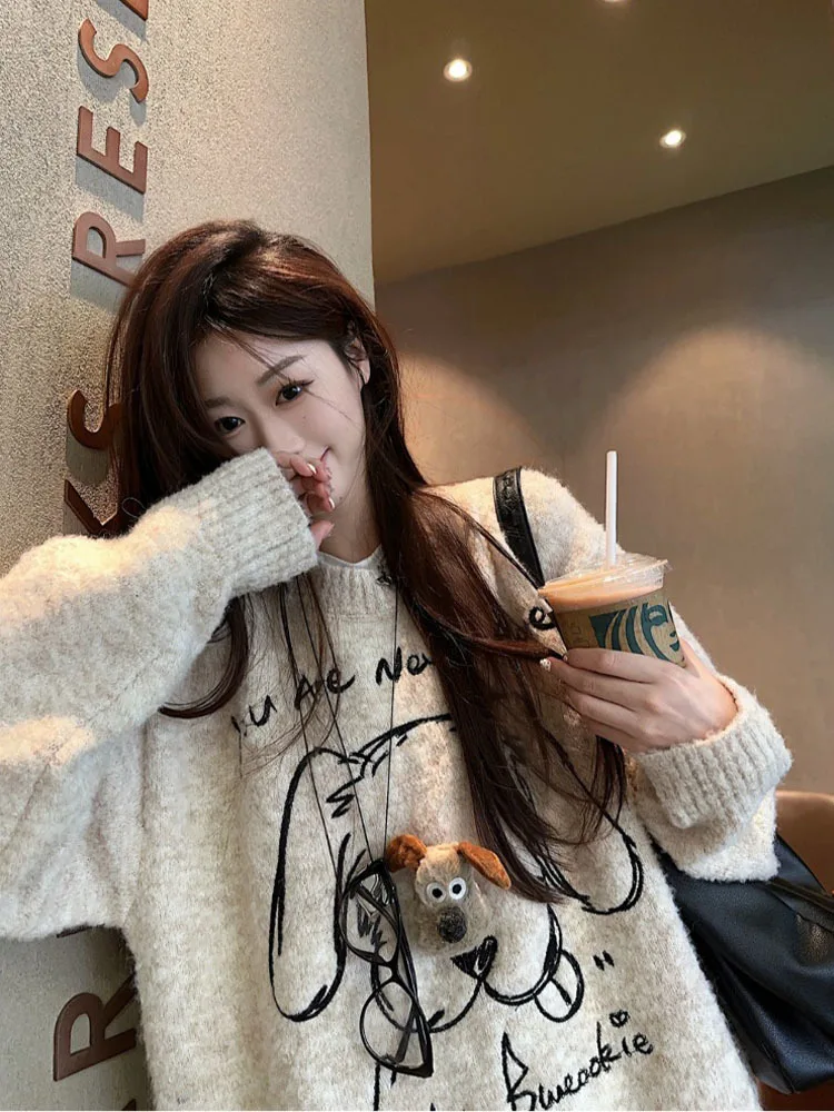 Y2k Aesthetic Women Sweet Cartoon Jacquard Sweaters New Grunge Vintage Bow Hole Jumpers Loose Knitted Harajuku Pullovers Female