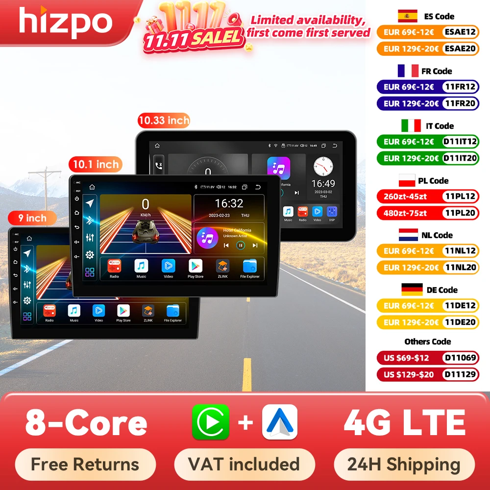 Hizpo 2 Din Android Car Radio Carplay 9 10.1 10.33 Inch Universal Multimedia Video Player Stereo Radio GPS For Nissan Hyundai VW