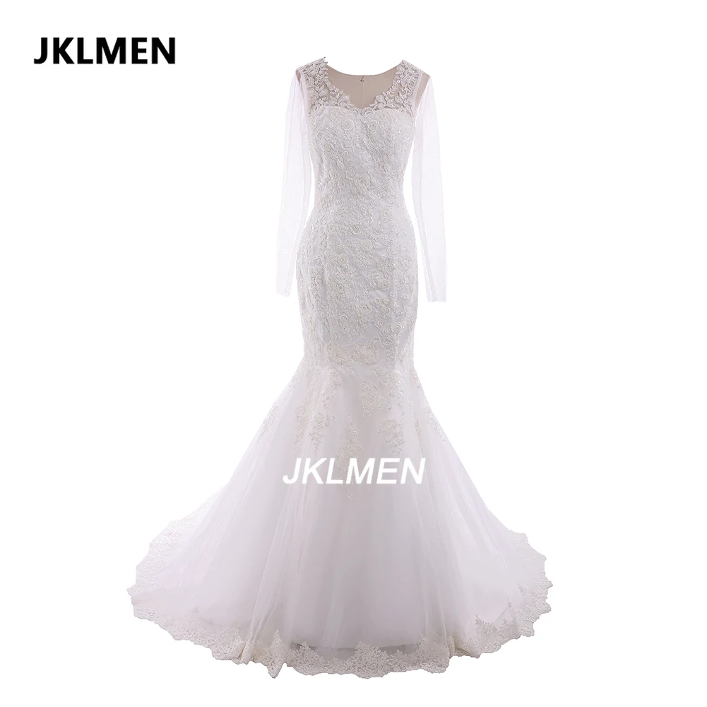 

Real Photo Lace Appliques V-neck Long Sleeves Mermaid Wedding Dress Pearls Beads Bridal Gown Vestidos De Novia 2022