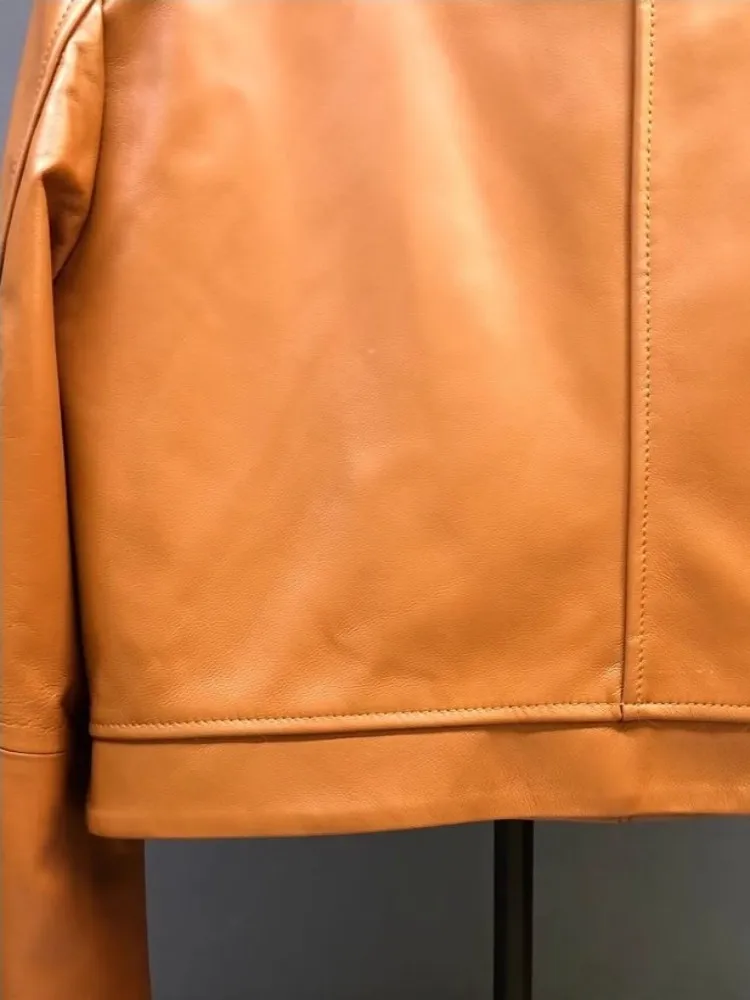 Autunno primavera pelle di pecora naturale O-Collo moda arancione giacca da donna dritto monopetto in vera pelle cappotto corto capispalla