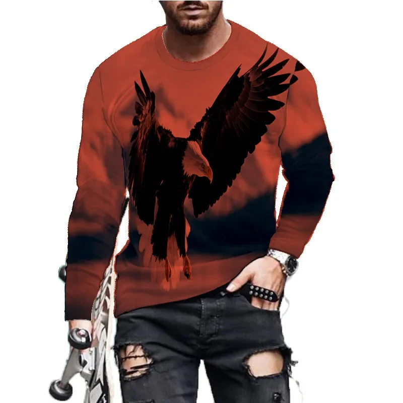 Vintage Simple Solid Colour Eagle 3D Print Spring Mens O-Neck T-shirt Casual Long Sleeve Oversized Pullover Fashion Men Clothing