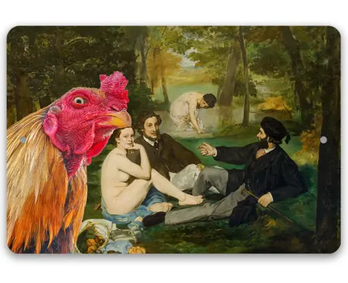 Metal Sign - The Luncheon on the Grass Painting - Interrupted by Rooster - Farm