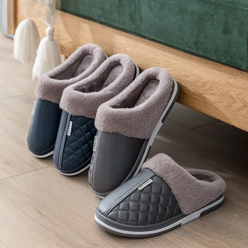 

House Fuzzy Slipper Women Winter Warm Fur Plush Non Slip Indoor Lazy Female Thermal furry Home Shoe Flat Male Men PU Leather