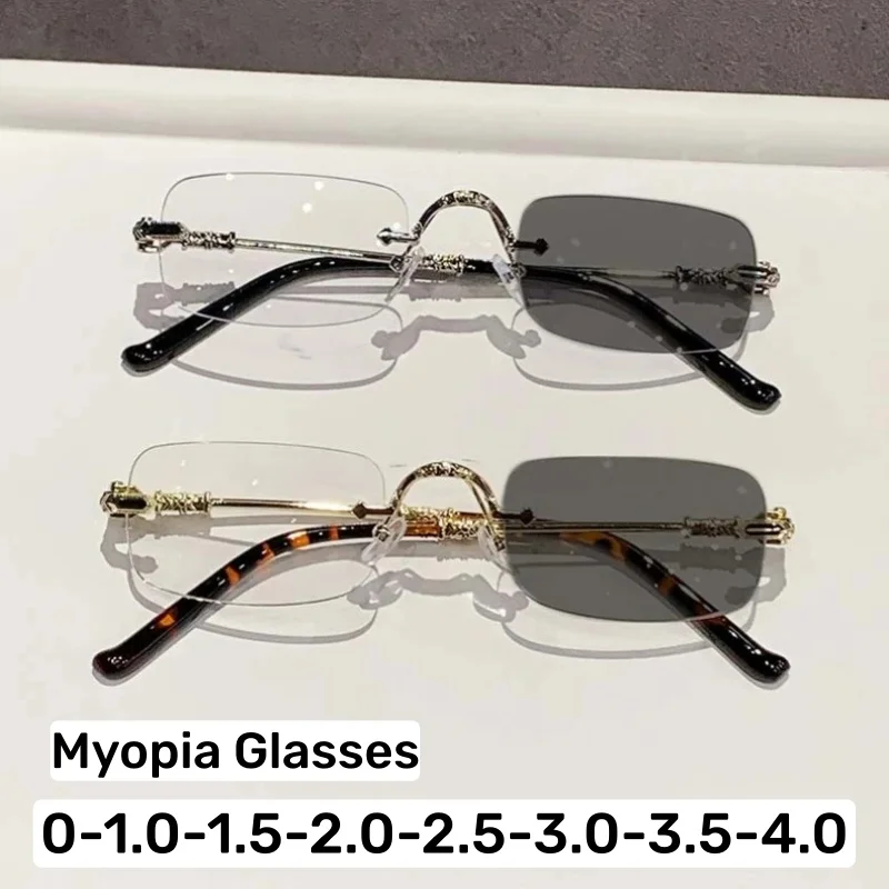 

Unisex Metal Rimless Photochromic Myopia Glasses Fashion Square Frame Blue Light Protection Minus Diopter Eyeglasses 0 To -4.0