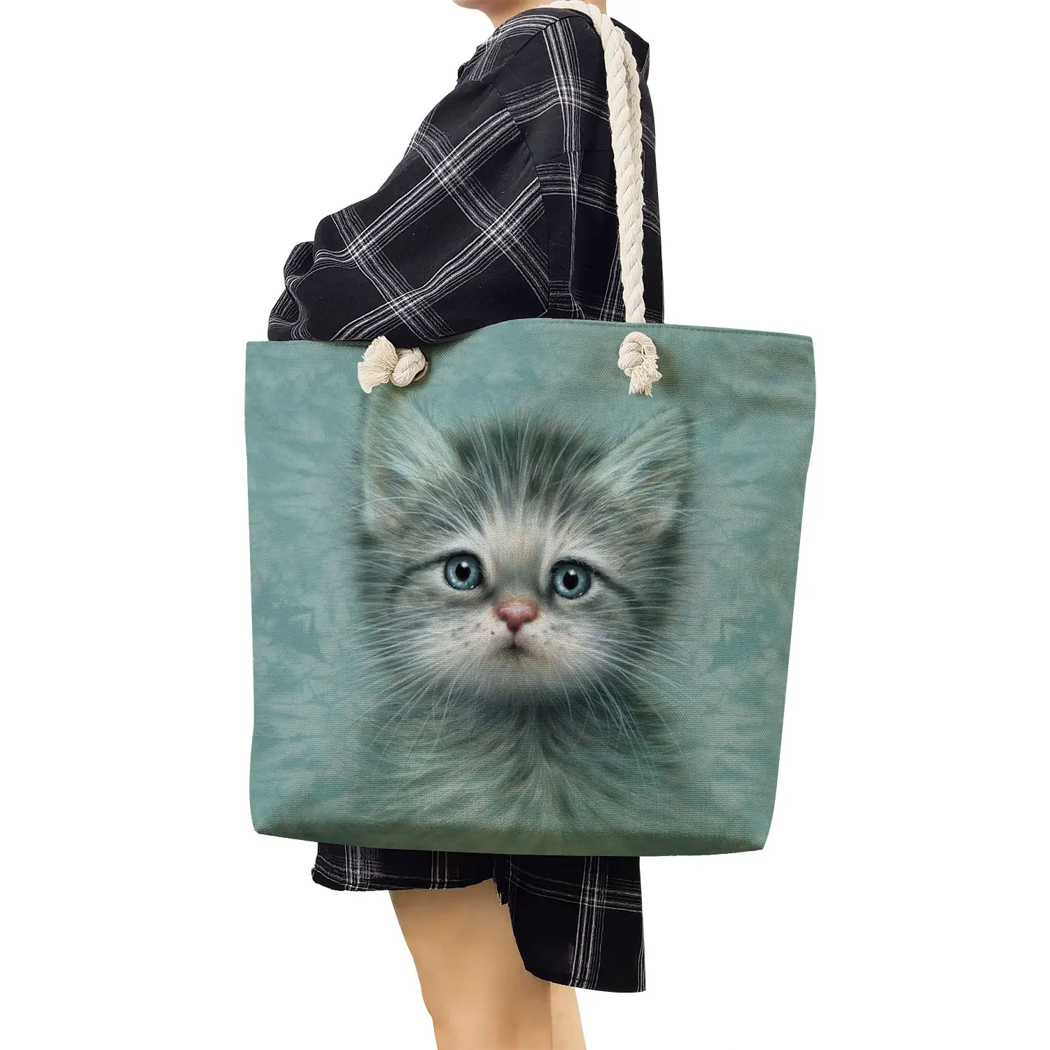 Bolsos de compras con estampado de perro y gato para mujer, bolsas de hombro plegables, reutilizables, ecológicas, de alta capacidad, a la moda