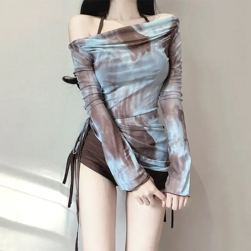 2024 New Korean Summer Sexy Women\'s Bikini Sets Push-up Gauze Tie-dye Padded Bra Swimsuit Two Pieces Swimwear Beachwear Costume