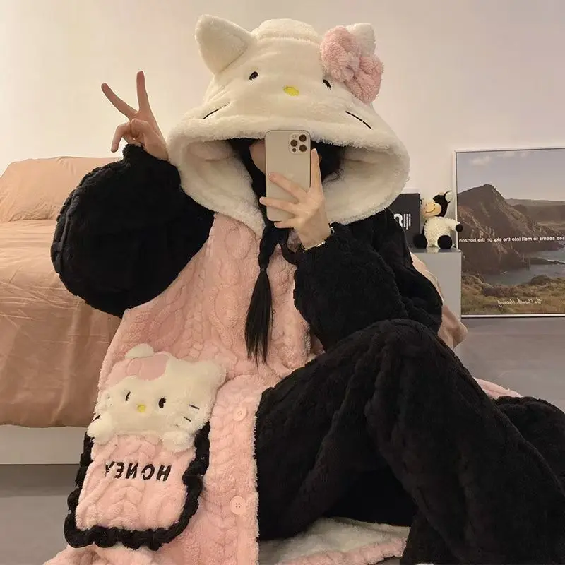 Hello Kitty Pajamas Nightgowns for Girls Coral Velvet Thickened and Warm Cute Home Clothes Loose Casual Anime Cartoons Cozy Soft