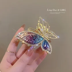 Pince à griffes en alliage de papillon en cristal pour femmes, lumière de luxe, diamant brillant, cuillère arrière pour fille, pince requin, accessoires pour cheveux, nouvelle mode