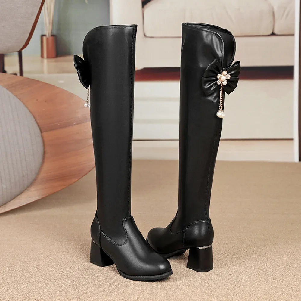 

Long Boots Female Elastic Botas Winter Warm Pointy Head Fashion Coarse Heel Knee Boots Women High Leather Boots Platform Shoes