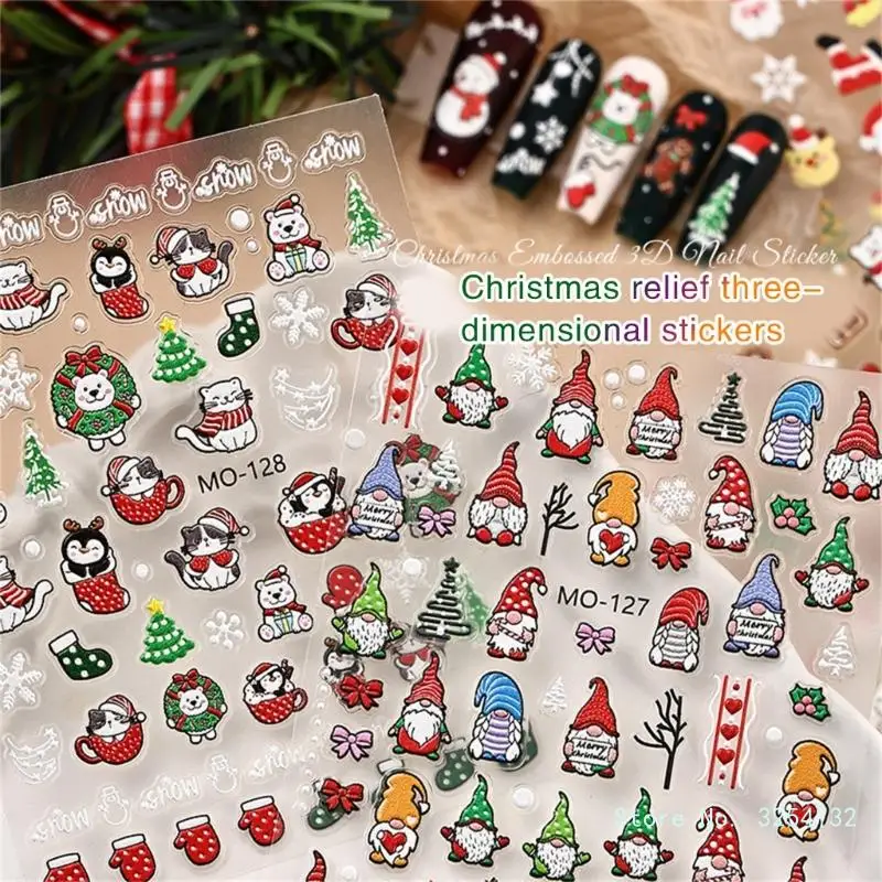 5D Embossed Christmas Nail Art Stickers 3D Self-Adhesive White Snowflake Nail Decals Christmas Tree Winter Nail Design