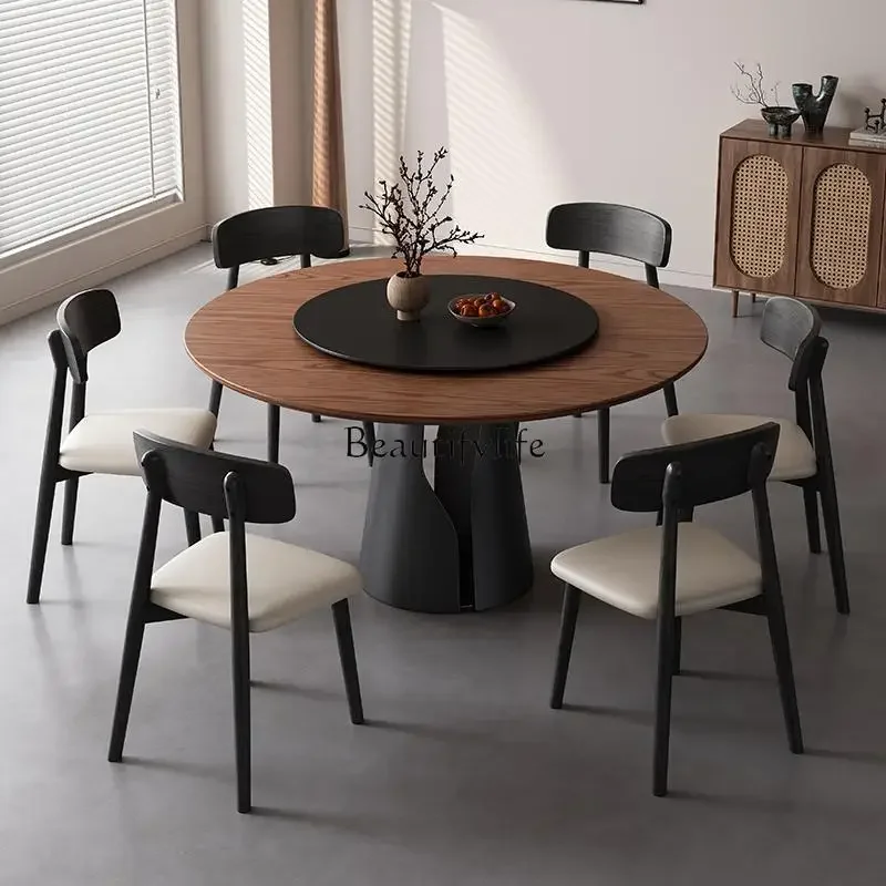

LD6Medieval solid wood rock slab dining table retro light luxury high-end sense with turntable round table
