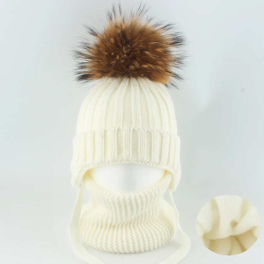 جديد الطبيعية الراكون Pompom قبعة الرقبة مجموعة للأطفال الشتاء سميكة الصوف الدافئة بيني بيبي بوي فتاة بونيه متماسكة قبعة في الهواء الطلق 1-6 Y #4