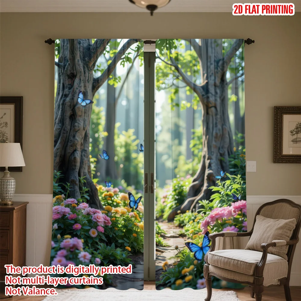 

2D flat printing 2pcs Drapes Butterflies in Floral Forest Digital Printed Polyester Drapes Family Party Decoration Use for