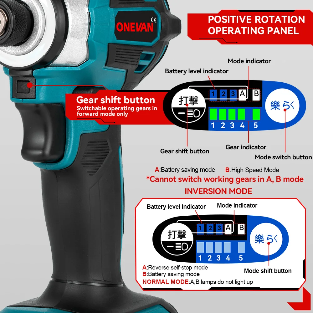 ONEVAN 600N.m Brushless Electric Screwdriver 5-Speed Cordless Electric Impact Driver Kit Cordless Drill for Makita 18V Battery