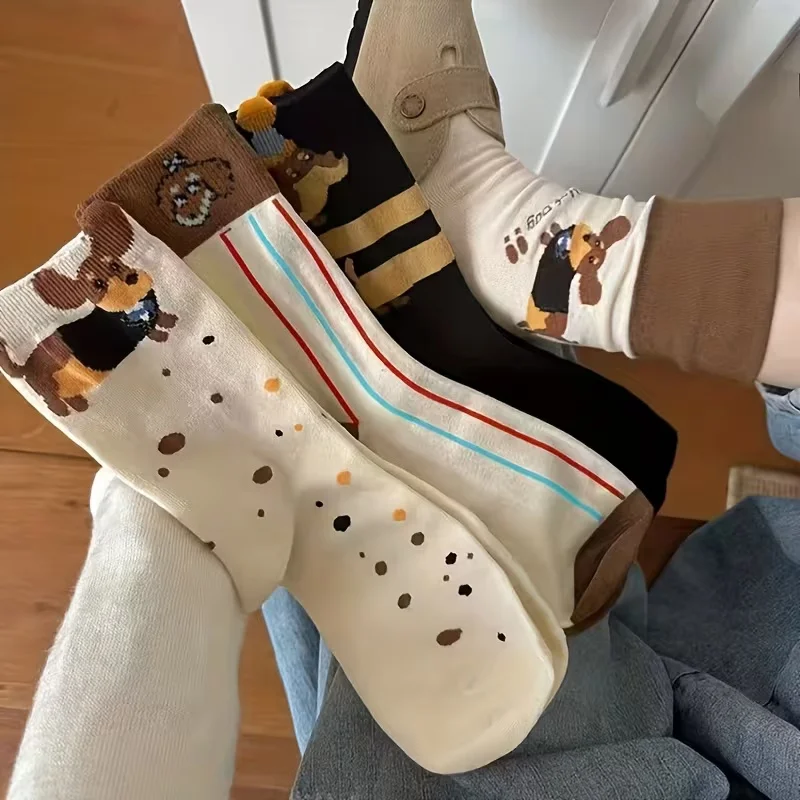 

4 пары милых носков средней длины с рисунком таксы, симпатичным узором щенка, удобные хлопковые носки для повседневной носки для мужчин и женщин