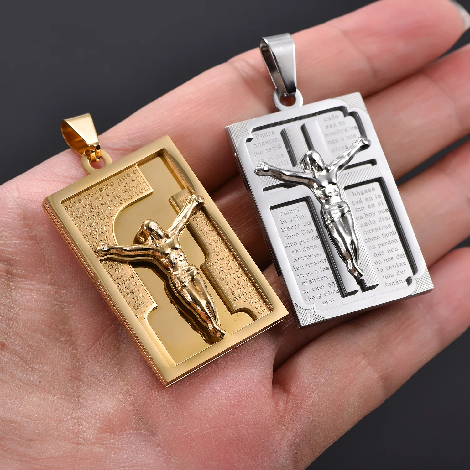 Jesus-Anhänger, Vintage-Kruzifix, katholischer Anhänger für Herren, Edelstahl, religiöses Symbol, hochwertiger Schmuck für Männer und Frauen. – Detail 4