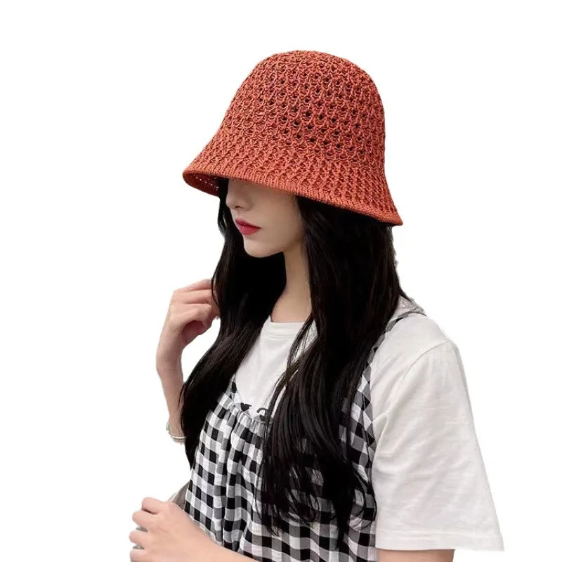 Hollow Out Knitted Bucket Hat Summer Sun Caps Women Korean Fashion Collapsible Outdoor UV Protection Camping Beach Ladies Hats