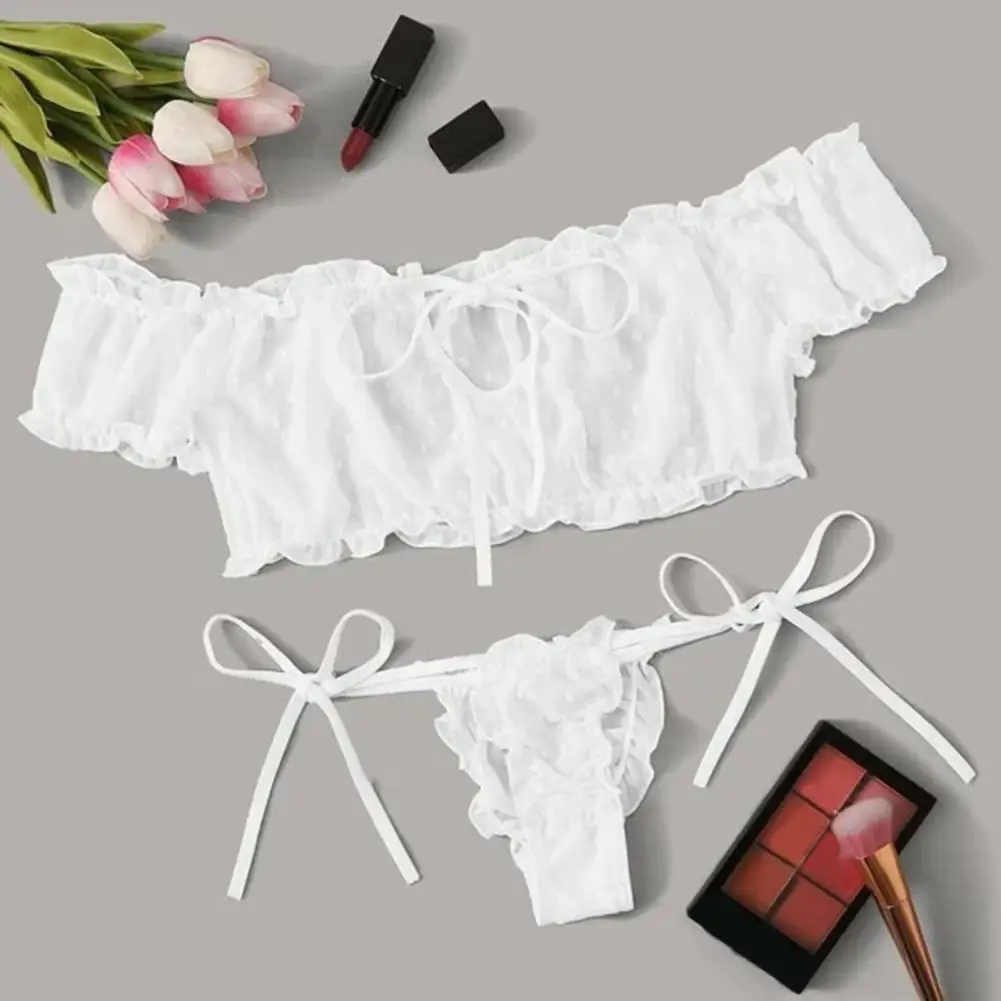 Women Side TieBra Briefs Set Jacquard Lace Bowknot Short Sleeve Bra Low-rise Lace Thong Set Sweet Style Women Bra Briefs Set image 3