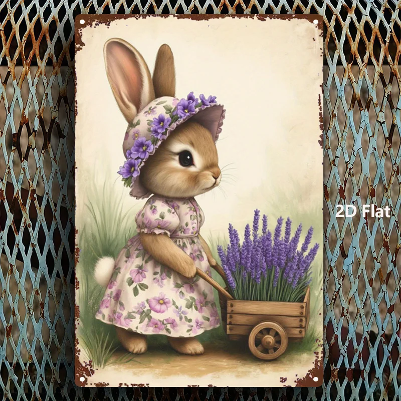 2D Flat, 1pc, Metal Sign, Cute Rabbit Tin Sign, Lavender Cart Decor Hanging Ornament, Vintage Creative Gift for Wall Decor, Flat Printed Iron Plaque, Square Iron Wall Hanging Painting