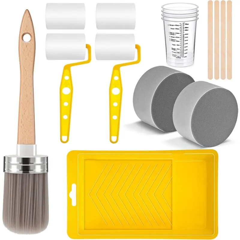 

Easy Use Painting Supplies For Cabinet Painting- 18 Pieces Paint Brush And Roller Set Includes Cups, Sponge, Tray Liner And Mixi