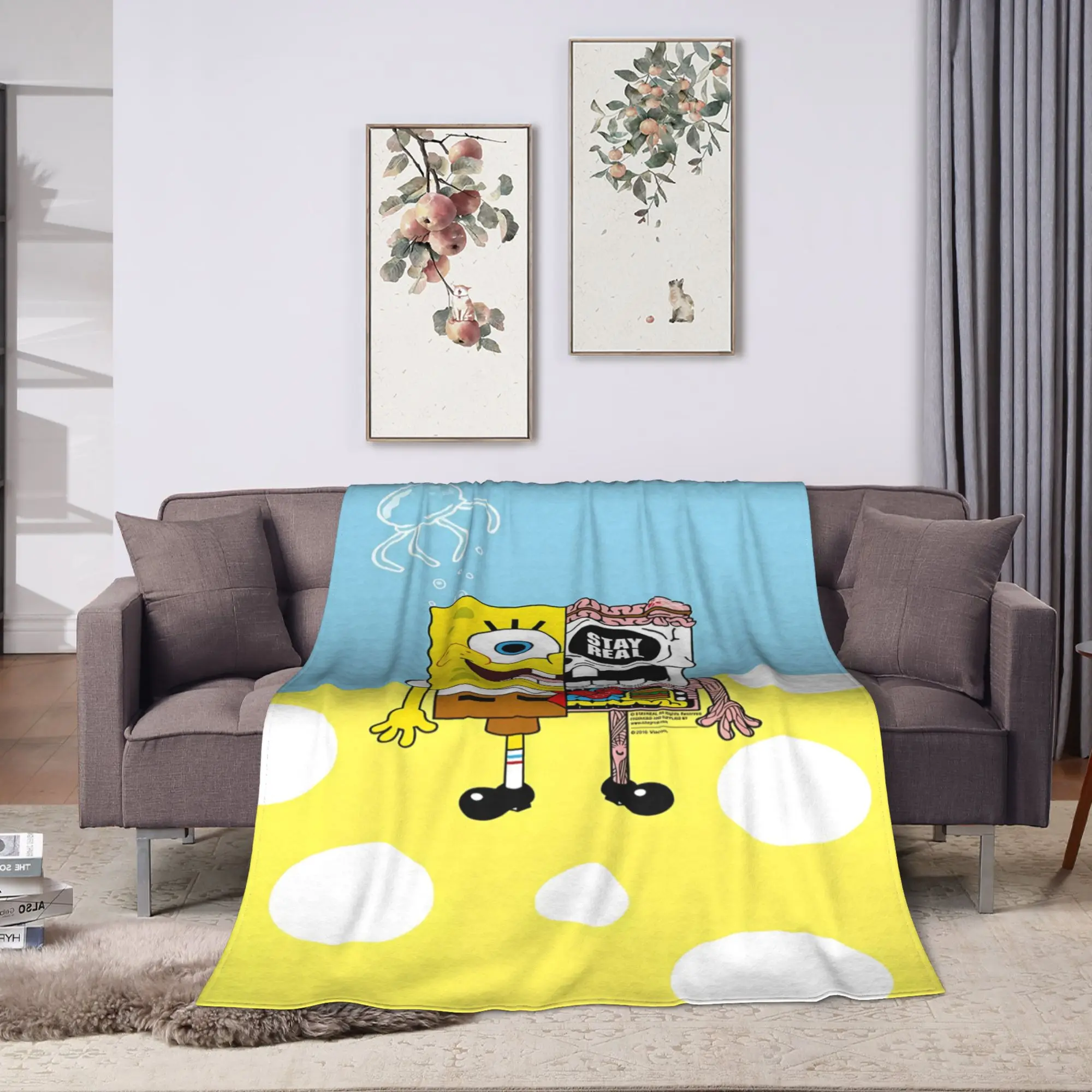SpongeBobs White Polka Dot Single SpongeBob Plush Blanket Girls Boys Flannel Throw Blanket Warm Soft Quality Bedspread Gift Idea