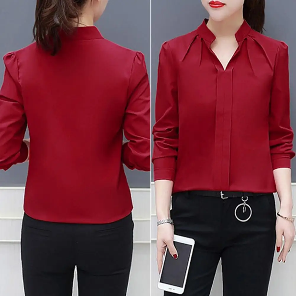 Blus Wanita kerah V Slim Fit, kemeja wanita bergaya kerah berdiri lengan panjang warna Solid untuk pakaian kerja berpergian warna Solid