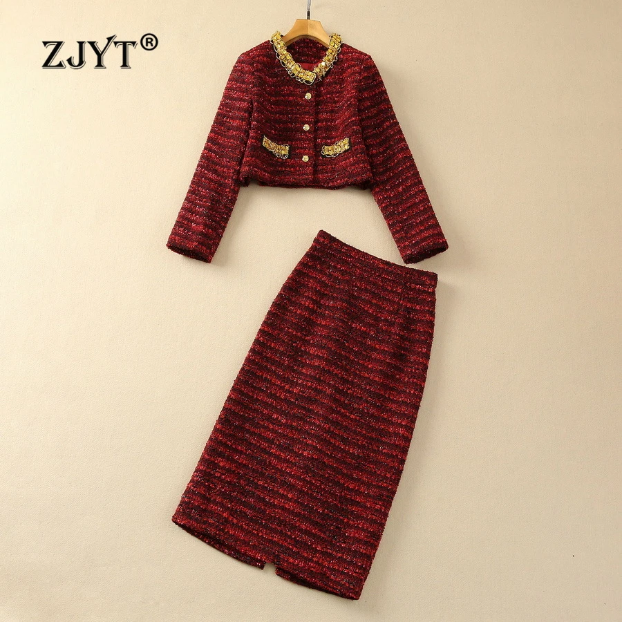 ZJYT Autumn Winter Luxury Beading Red Outfits Women Two PieceTweed Woolen Jacket Suits with Skirt Sets Elegant Party Vintage Set