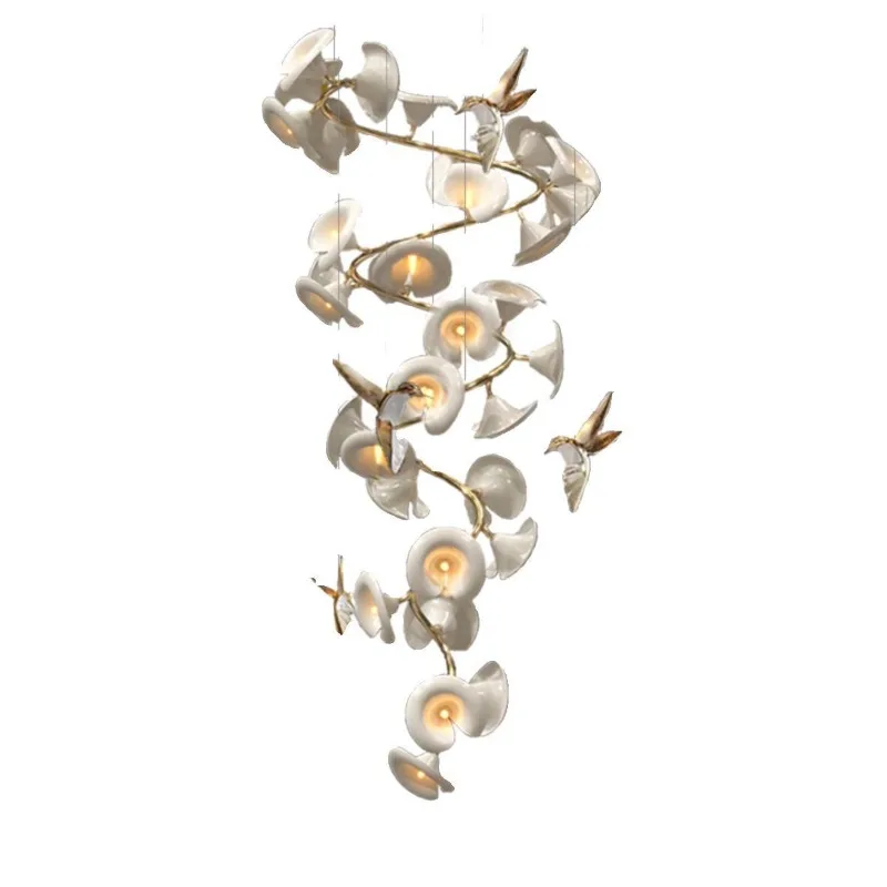 Stairwell chandelier art and creativity modern light luxury ceramic flower villa duplex loft apartment long chandelier
