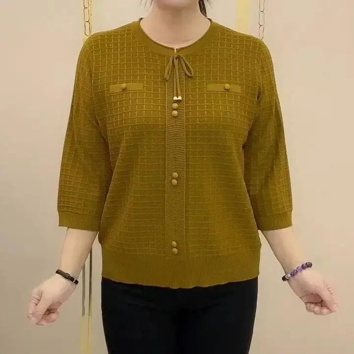 Mom's 7/8 Sleeve Knitted Top for Women's Summer New Arrival, Loose Large Size Fashionable Base Shirt for Middle-aged and Elderly