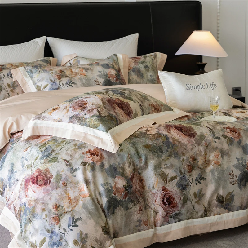 

Premium 1000TC Egyptian Cotton Flowers Prints Oil Painting Style Bedding Set Duvet Cover Flat/Fitted Bed Sheet Pillowcases 4Pcs