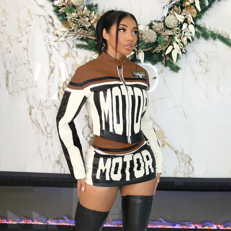 Crop Jacket Sexy Printed 2 Piece Skirt Sets Winter Outfit Y2K Streetwear Mini Dress Elegant Club Party Wear Two Piece Skirt Set