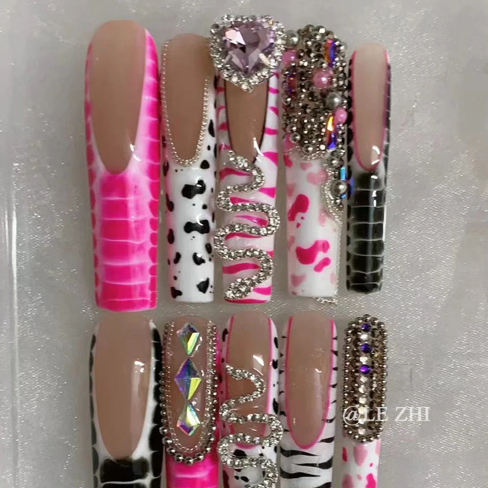 XXL Long Coffin Diamond French Full Coverage Nails Personality Metal Chain Press on Nails Color Sizes Can Be Customized Nails