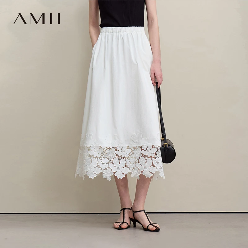 Amii Women's Skirt 2026 Summer New Elastic Waist Cutout Lace Hem Midi Casual Loose Fit Floral Trim Skirt For Women 12622106