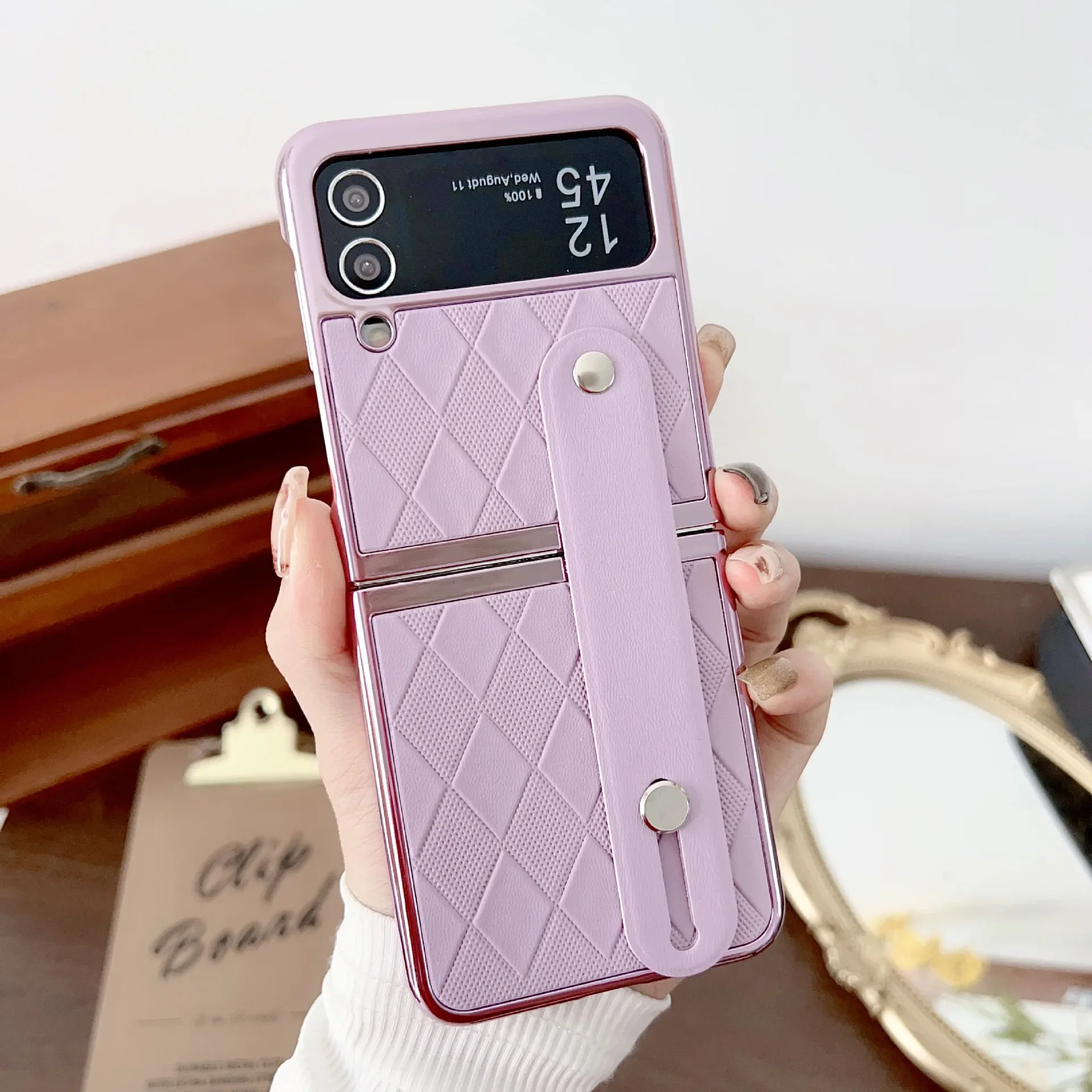 

Rhombic Pattern Leather Phone Case for Samsung Galaxy Z Flip 5 4 3 Electroplated Frame Stylus Pen Folding Cover for ZFlip6