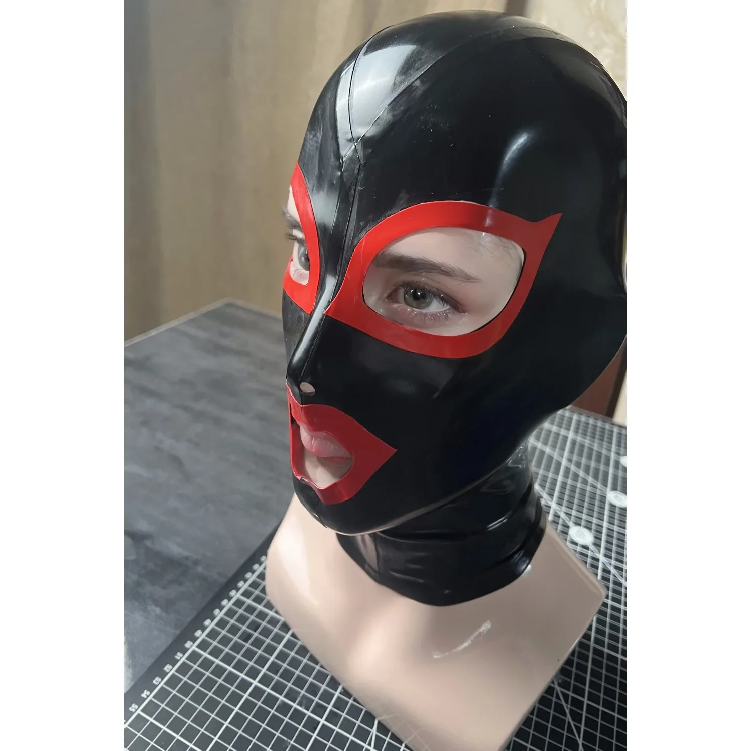 

customized 100% Latex Hood Open Eyes Mouth Rubber Mask Solid black Handmade Club Wear Cosplay Costumes