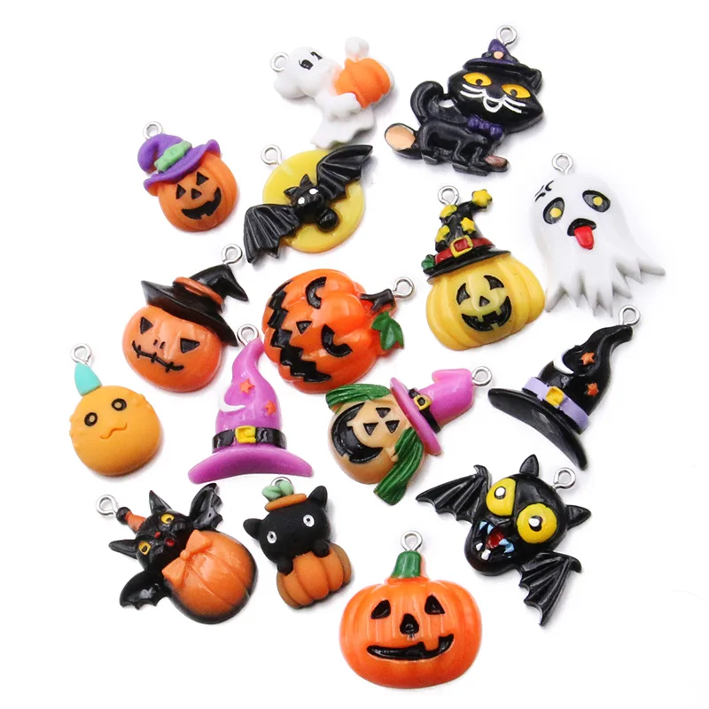 10Pcs Mix Styles Mix Halloween Charms Resin Hat Bat Goblin Pumpkin Diy  Keychain Bracelets Pendant For Jewelry Findings Parts