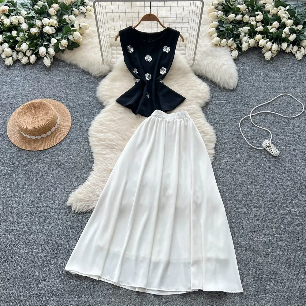 

Шикарное элегантное платье трапециевидной формы с пайетками и круглым вырезом, праздничное платье для отпуска, женское летнее платье, комплект из двух предметов