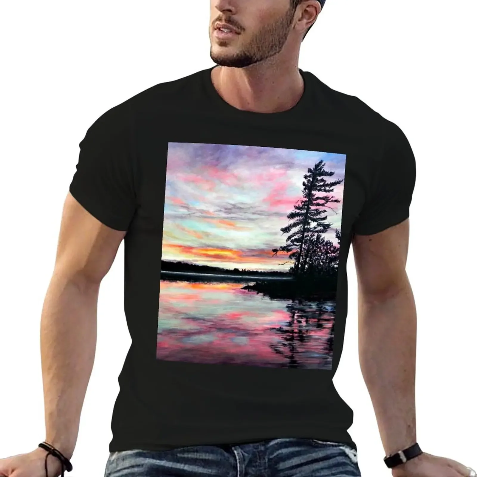 Water Lake Reflection Sunset Pink Sky Painting T-Shirt for a boy quick-drying mens shirts graphic tee