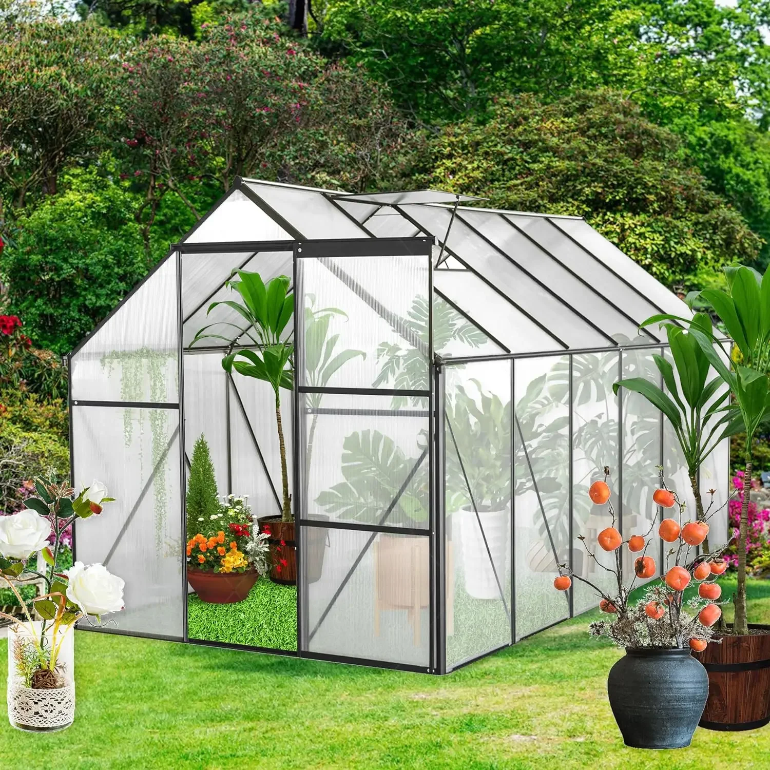 

6x12 FT Polycarbonate Greenhouse with Sliding Door and Adjustable Vent Window, Anchor Aluminum Heavy Duty Walk-in Hobby