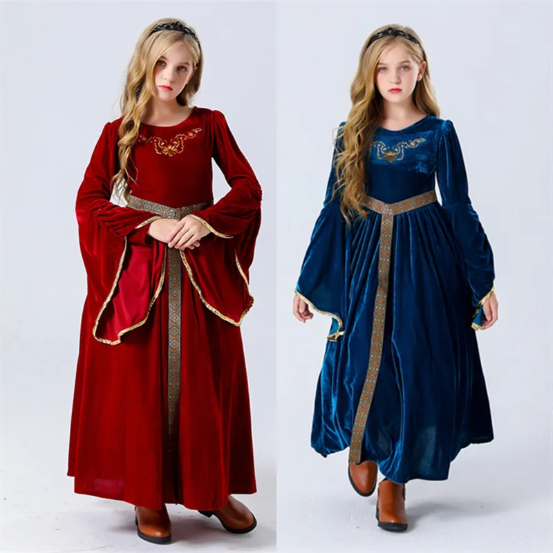 

New Halloween Vintage Court Long Dress Children Velvet Flared Sleeve Dress Cosplay Stage Performance Costume Polyester Material