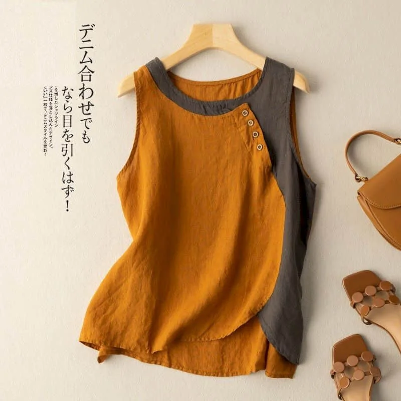 100% Cotton Linen Vest Women Tops Summer New Korean Fashion Casual Loose Asymmetric Patchwork Button Tanks O-neck Women Clothing