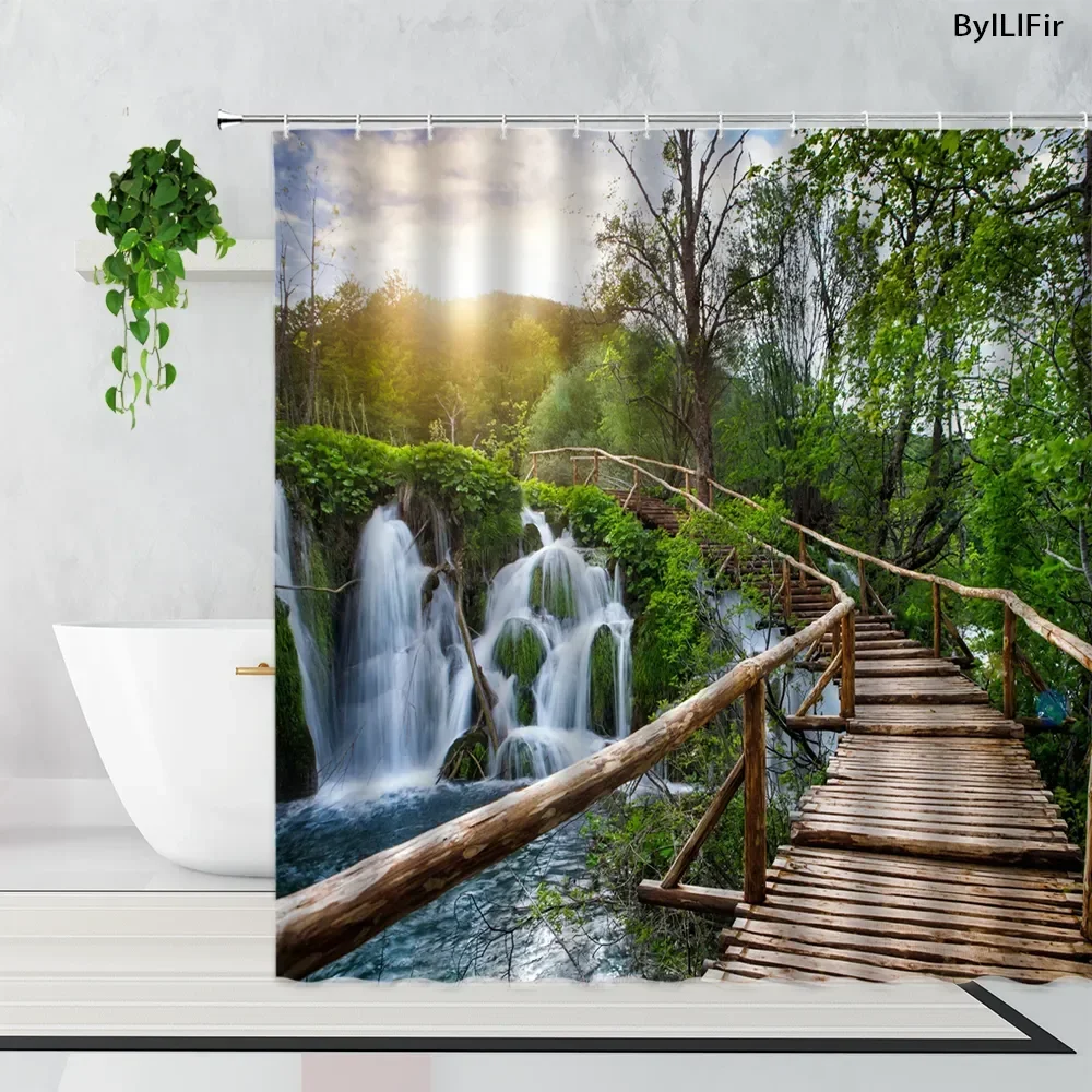 Tropical Forest Shower Curtain, Nature Scenery Green Tundra Forest Waterfall River Animal Bridge, Bathroom Decorative Partitions