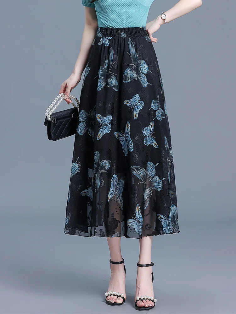 Women Summer Cool Flower Chiffion Skirts New Elastic Waist Fashion Mid-Length Flower Skirt Droop Skirt Jupe