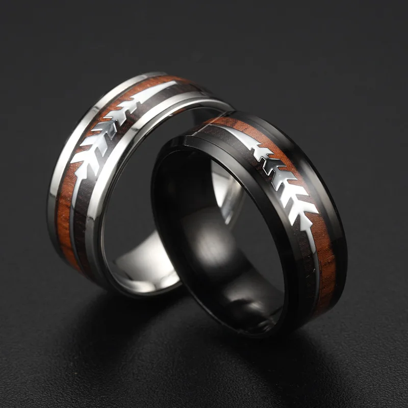 8MM Men Fashion Ring Stainless Steel Wood Inlaid Arrow Rings Wedding Band Anniversary Birthday Gift Charm Jewelry Size 6-13