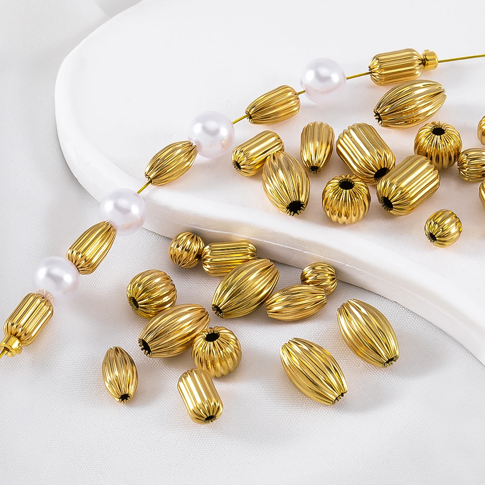 5pcs 1pcs Stainless Steel Spacer Beads18K Gold Plated Big Ribbed Loose Beads for DIY Bracelet Necklace Jewelry Making Wholesale view 2