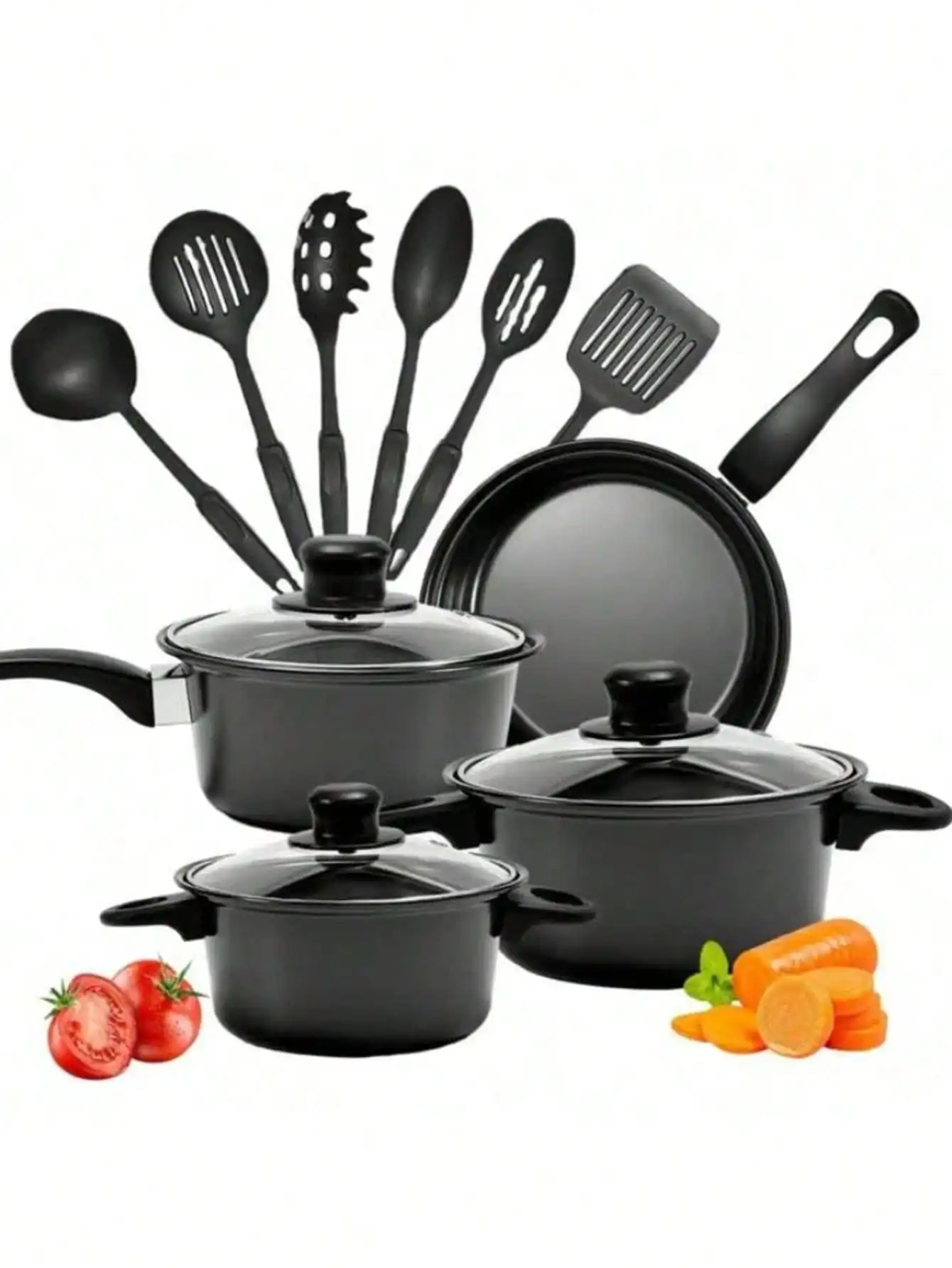 

Black 13 Piece Kitchenware Pots & Spoons Non-Stick Cookware Set Induction Cooker Pot Nonstick Cooking Set
